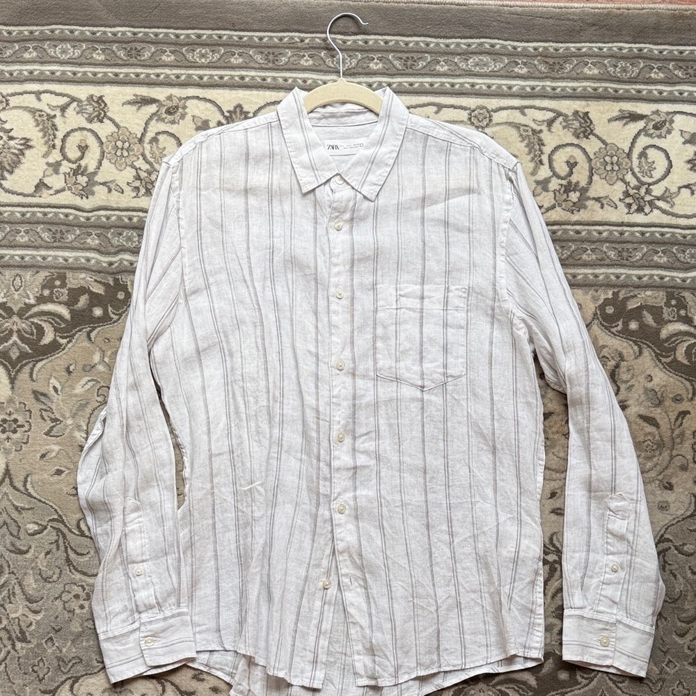 Zara Men's White and Gray Striped Button Down Shirt